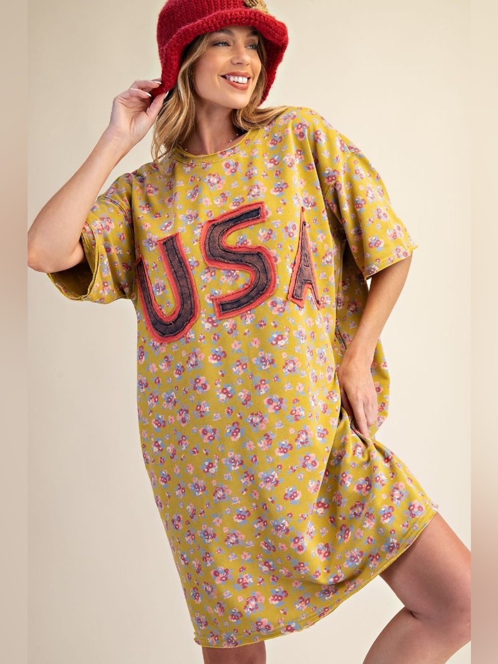 #10 easel Yellow Floral 'USA' Oversized T-Shirt Dress